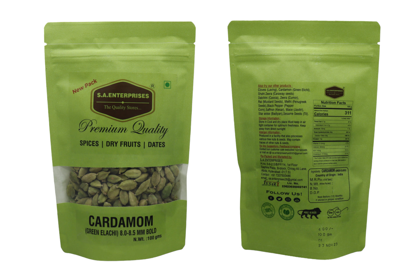 S.A.ENTERPRISES Whole Green Cardamom Big | Hari Elaichi (8mm - 8.5mm Bold) - 100GMS