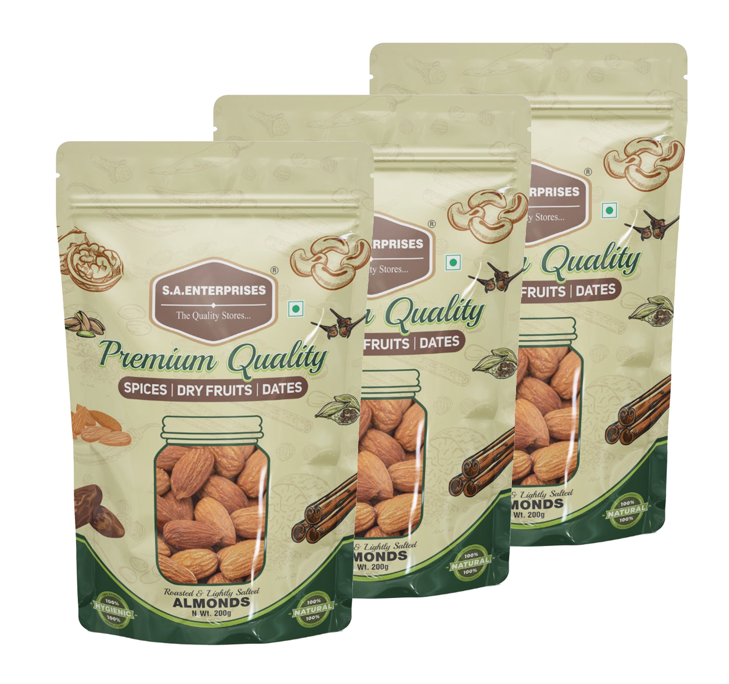 S.A.Enterprises California Roasted Almond Nuts Lightly Salted 600gm (200g x 3)